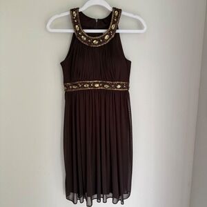 Vintage Cache Beaded Halter Dress Brown Gold Sequin Y2K 90s Whimsy Fairy SZ 2